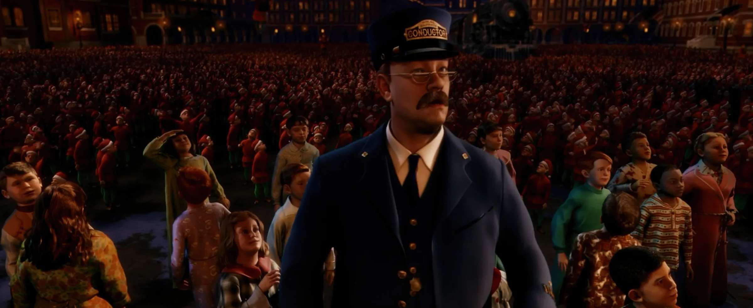 The conductor in a crowded scene from The Polar Express