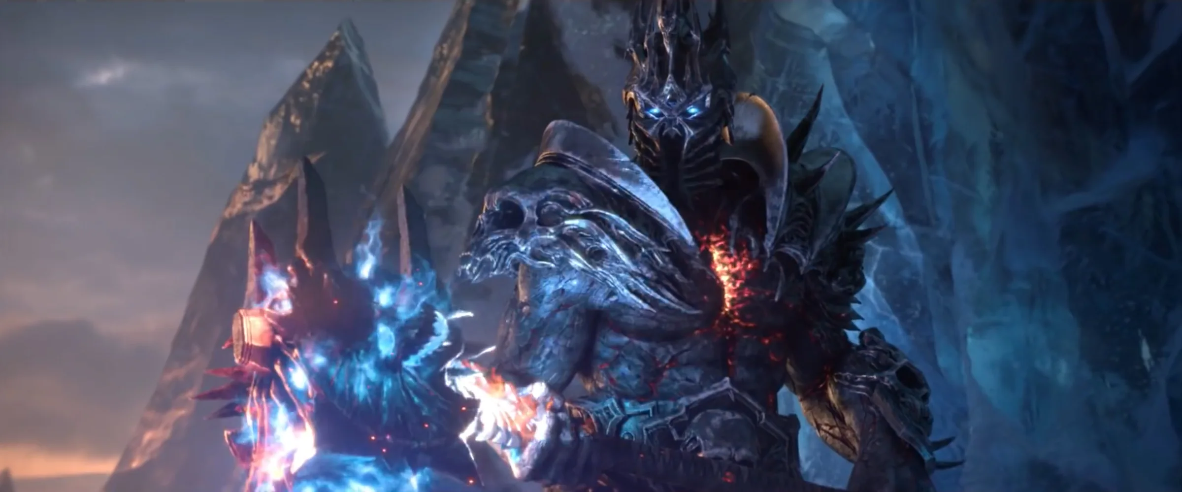 Armored fantasy character in an icy Warcraft cinematic environment